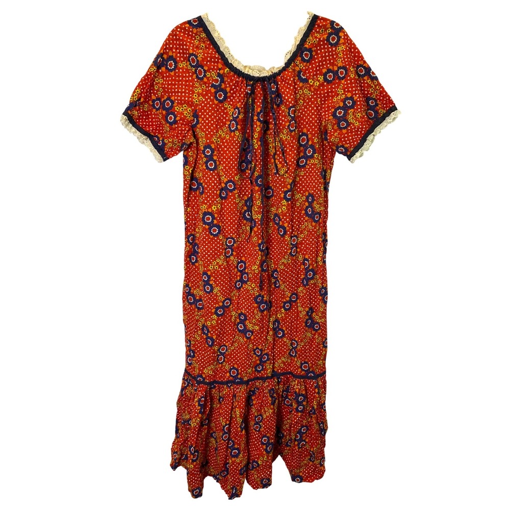 Handmade Floral Maxi Dress Womens Red Polka Dot Cottagecore Prairie Peasant Boho